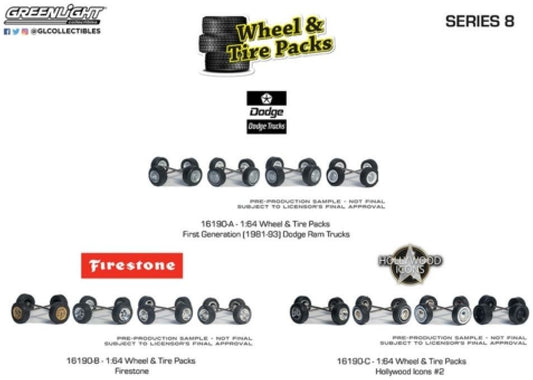 Available to Order – Wheel and Tyre Packs Series 8 6pcs (2 x Firestone/2 x Dodge/2xHollywood Icons) 1:64 (GRE 16190)