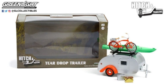 Available to Order – Teardrop Trailer w/Roof Rack, Bicycle, Kayak, Cooler + Basket Silver/Orange 1:24 (GRE 18460B)
