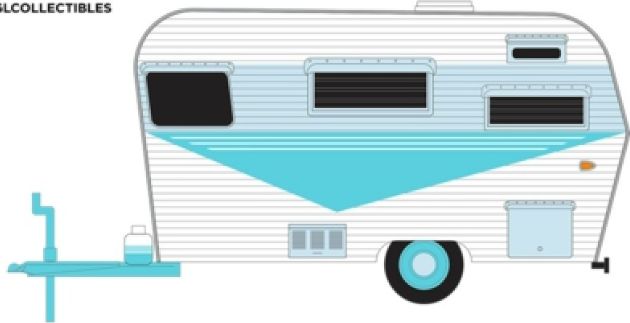 Siesta Travel Trailer 1958 Teal White and Polished Silver 1:64 – diecast model