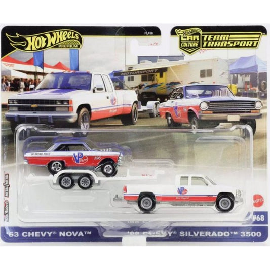 Available to Order from Supplier - 1:64 HOTWHEELS Team Transport '63 Chevy Nova And '88 Silverado 3500 #68 MHWFLF56-HRV42