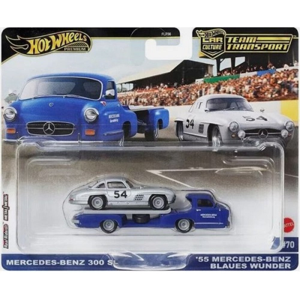 Available to Order from Supplier - 1:64 HOTWHEELS Team Transport Mercedes-Benz 300 Sl And '55 Blaues Wunder #70 MHWFLF56-HRV48
