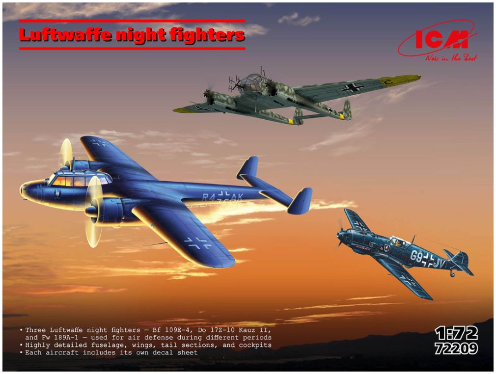 Luftwaffe Night Fighters Set of 3 (Bf 109E-4, Do 172-10 Kauz II, Fw 189A-1) 1:72 ICM Plastic Kits Model