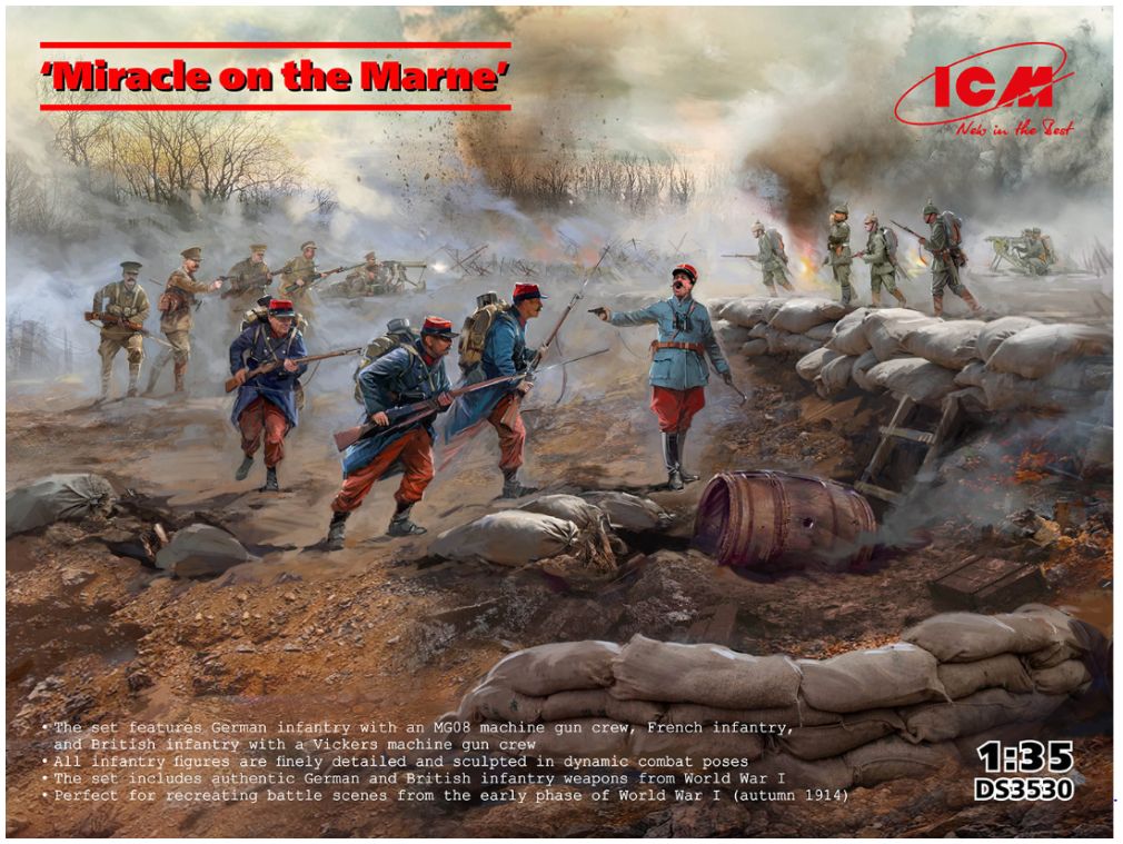 Available To Order – Miracle on the Marne' WWI British French & German Infantry Figure Set 1:35 ICM Plastic Kits Model (ICM DS3530)