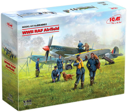 WWII RAF Airfield Set Spitfire Mk.IX Spitfire MkVII w/Pilots & Ground Crew x 7 1:48 ICM Plastic Kits Model