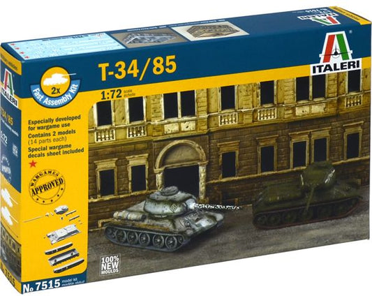 T-34/85 Russian Tank (x2) Fast Assembly 1:72 Italeri Plastic Kits Model