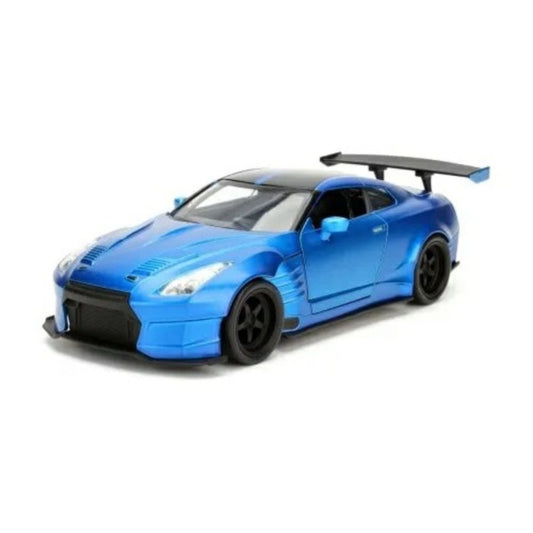 Available To Order – Brians 2009 Nissan Skyline GTR R35 Ben Sopra Blue with High Wing Fast and Furious 1:24 Model (JAD98271)