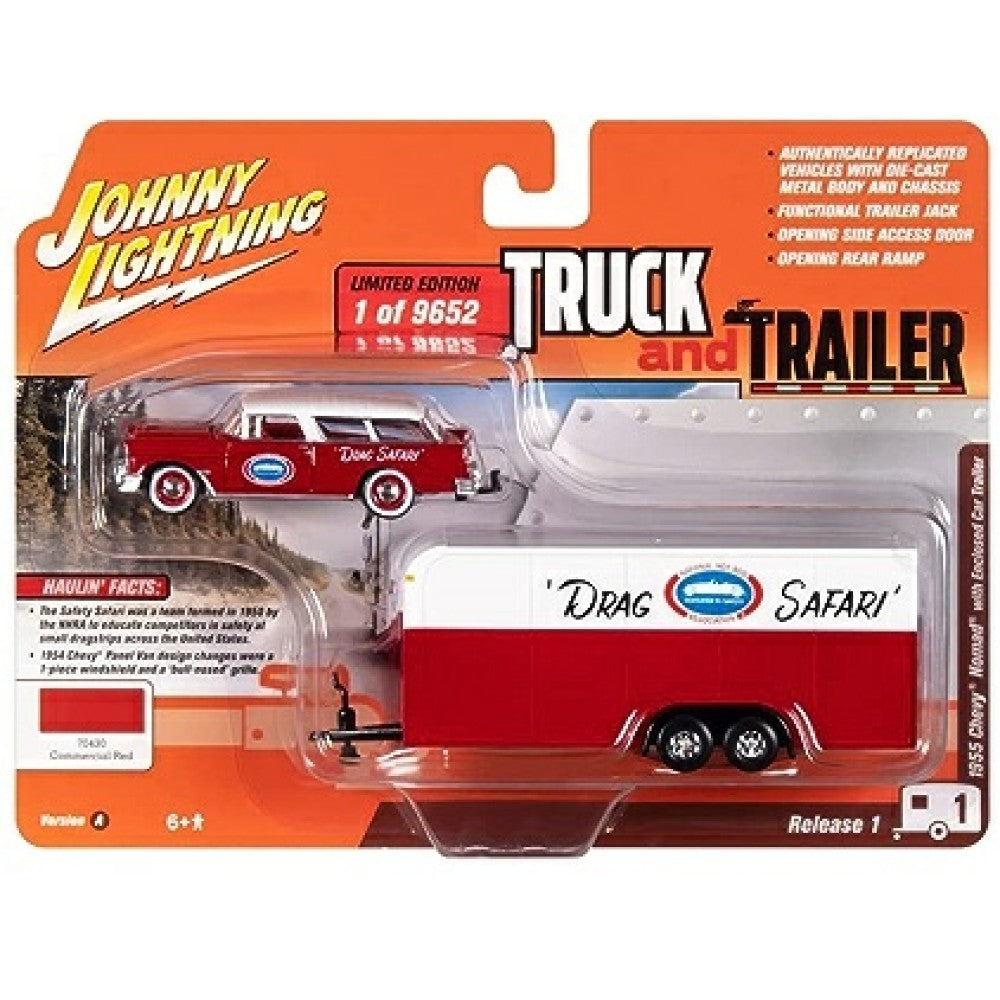 THIS ITEM IS AVAILABLE TO ORDER FROM OUR SUPPLIER - 1:64 JOHNNY LIGHTNING JLBT016A-1 1955 CHEVY NOMAD WITH ENCLOSED TRAILER DRAG SAFARI TRUCK AND TRAILER