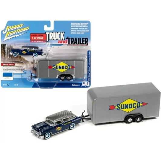 THIS ITEM IS AVAILABLE TO ORDER FROM OUR SUPPLIER - 1:64 JOHNNY LIGHTNING JLBT016B-1 1955 CHEVY NOMAD WITH ENCLOSED TRAILER SUNOCO TRUCK AND TRAILER