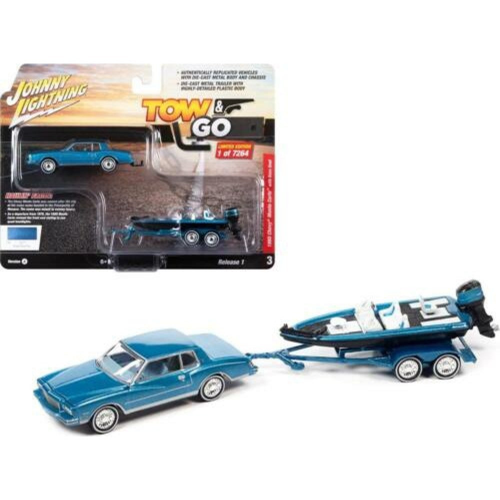 THIS ITEM IS AVAILABLE TO ORDER FROM OUR SUPPLIER - 1:64 JOHNNY LIGHTNING JLBT017A-3 1980 CHEVROLET MONTE CARLO W/BASS BOAT BRIGHT BLUE POLY