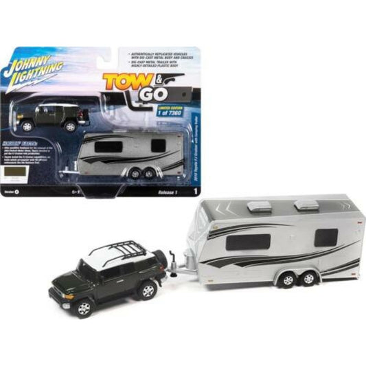 THIS ITEM IS AVAILABLE TO ORDER FROM OUR SUPPLIER - 1:64 JOHNNY LIGHTNING JLBT017B-1 2010 TOYOTA FJ CRUISER W/CAMPING TRAILER DARK GREEN