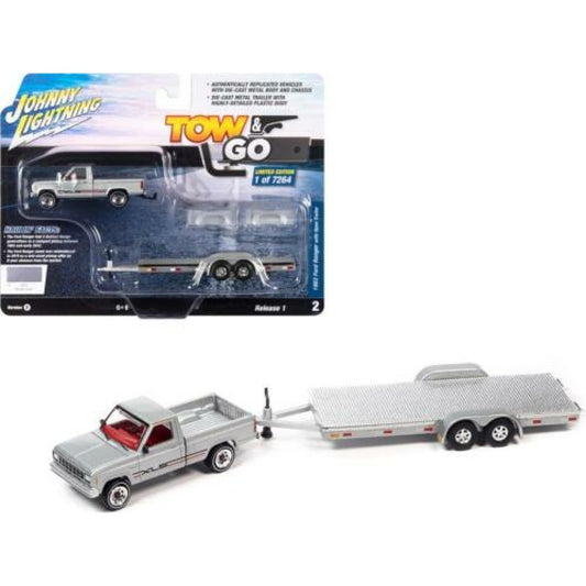 THIS ITEM IS AVAILABLE TO ORDER FROM OUR SUPPLIER - 1:64 JOHNNY LIGHTNING JLBT017B-2 1983 FORD RANGER W/OPEN TRAILER METALLIC SILVER