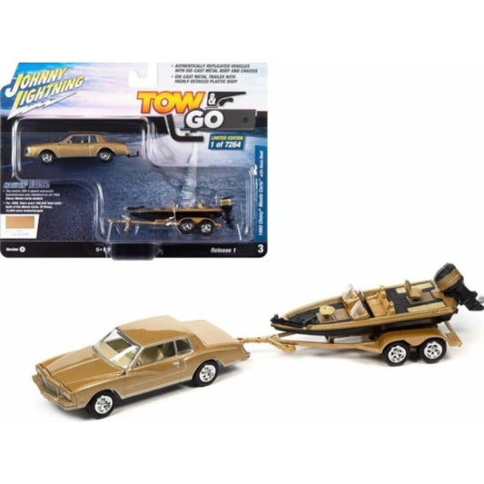 THIS ITEM IS AVAILABLE TO ORDER FROM OUR SUPPLIER - 1:64 JOHNNY LIGHTNING JLBT017B-3 1980 CHEVROLET MONTE CARLO W/BASS BOAT LIGHT CAMEL POLY
