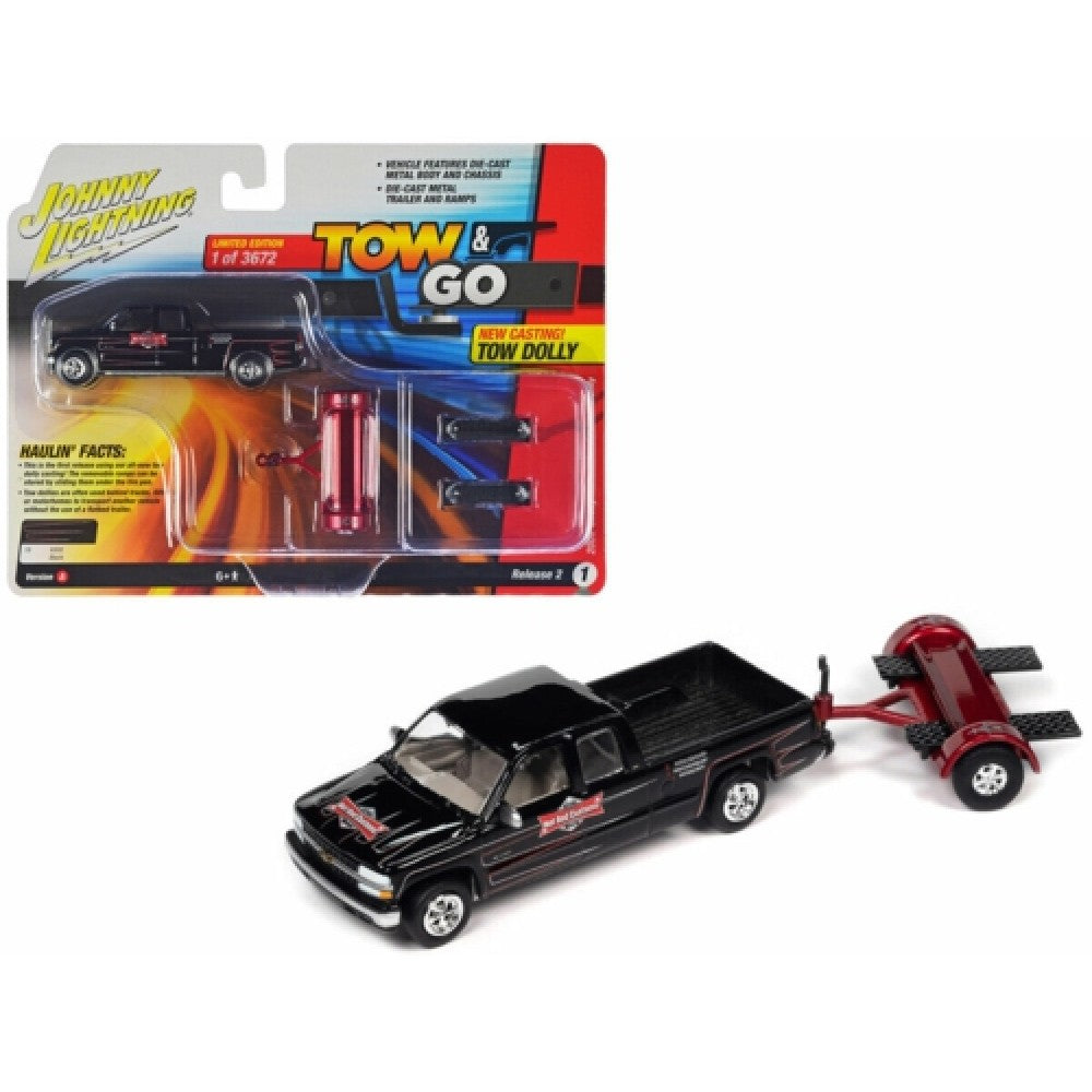 THIS ITEM IS AVAILABLE TO ORDER FROM OUR SUPPLIER - 1:64 JOHNNY LIGHTNING JLBT018A-1 2002 CHEVROLET SILVERADO EXTENDED CAB W/TOW DOLLY NEW TOOL BLACK