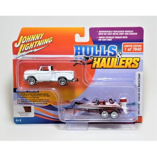 THIS ITEM IS AVAILABLE TO ORDER FROM OUR SUPPLIER - 1:64 JOHNNY LIGHTNING JLBT019-1 1965 CHEVY STEPSIDE PICKUP W/BASS BOAT AND TRAILERWHITE WITH RED METALLIC