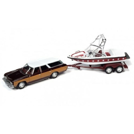 THIS ITEM IS AVAILABLE TO ORDER FROM OUR SUPPLIER - 1:64 JOHNNY LIGHTNING JLBT019-2 1973 CHEVY CAPRICE WAGON W/MASTERCRAFT BOAT AND TRAILERDARK RED POLY WITH WHITE