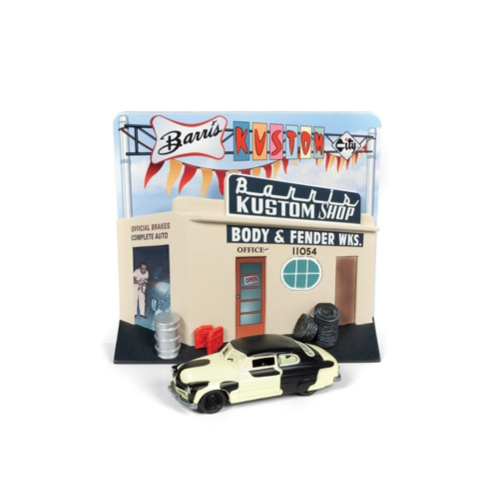 Available to Order – Silver Screen Diorama - Barris Kustom Shop with 1949 Ford Mercury Project Car 1:64 Johnny Light Model (JLDR008-2)