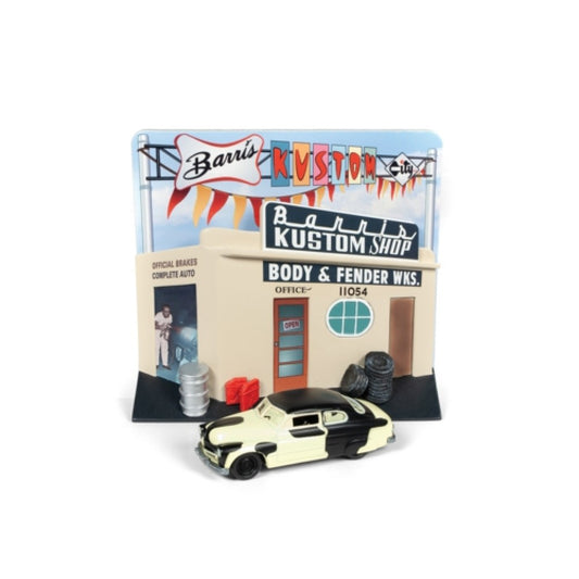 Available to Order – Silver Screen Diorama - Barris Kustom Shop with 1949 Ford Mercury Project Car 1:64 Johnny Light Model (JLDR008-2)
