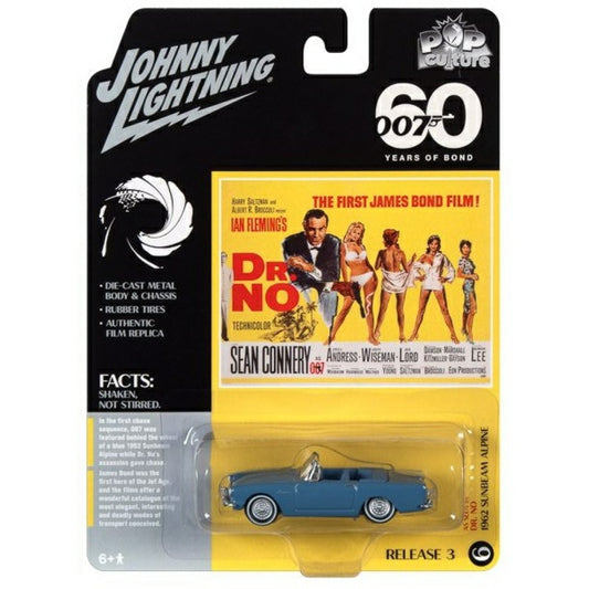 THIS ITEM IS AVAILABLE TO ORDER FROM OUR SUPPLIER - 1:64 JLPC005-6 JOHNNY LIGHTNING POP CULTURE RELEASE 3 2021 JAMES BOND 1962 SUNBEAM ALPINE TIGER (DR. NO)LAKE BLUE
