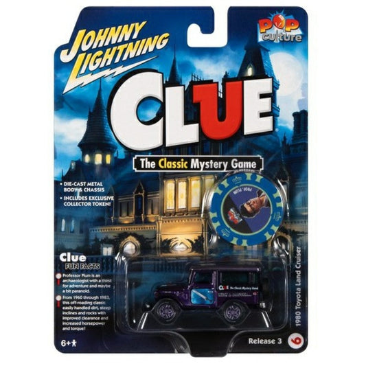 Available to Order – Jl Pop Culture 3 2022 Modern Clue 1980 Toyota Land Cruiser (prof.plum and Study and Dagger) W/poker Chip Purple W/clue Graphics 1:64 Model (jlpc008-6) 1:64 Johnny Lightning Model (JLPC008-6)
