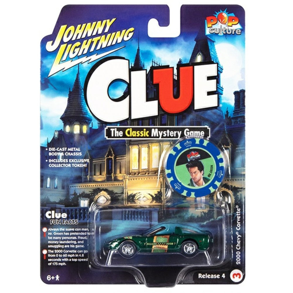 Available to Order – Pop Culture - Release 4 2022 - Modern Clue 2000 Corvette Mr Green Billiard Room W/revolver and Poker Chip Dark Green 1:64 Model (jlpc009-3) 1:64 Johnny Lightning Model (JLPC009-3)