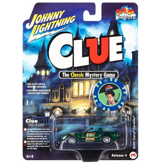 Available to Order – Pop Culture - Release 4 2022 - Modern Clue 2000 Corvette Mr Green Billiard Room W/revolver and Poker Chip Dark Green 1:64 Model (jlpc009-3) 1:64 Johnny Lightning Model (JLPC009-3)