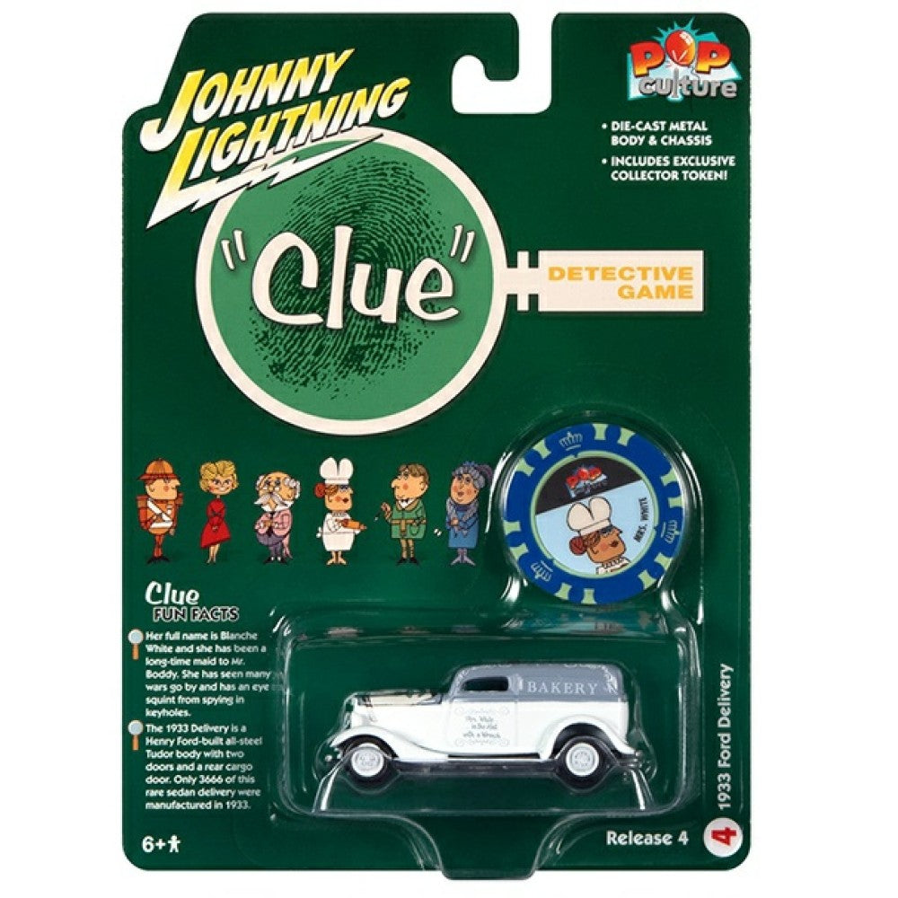 Available to Order – Pop Culture - Release 4 2022 - Vintage Clue 1933 Ford Delivery Mrs White Hall W/wrench and Poker Chip Flat White and Light Blue 1:64 Model (jlpc009-4) 1:64 Johnny Lightning Model (JLPC009-4)