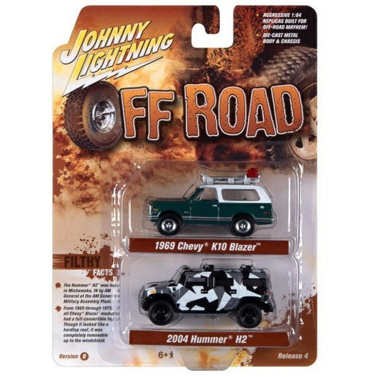 Available to Order – 2-pack Special - 2021 Release 4 B 1970 Chevrolet Blazer Saddle Dark Green and 2004 Hummer H2 White Camo Zingers 1:64 Model (jlpk015b-2) 1:64 Johnny Lightning Model (JLPK015B-2)