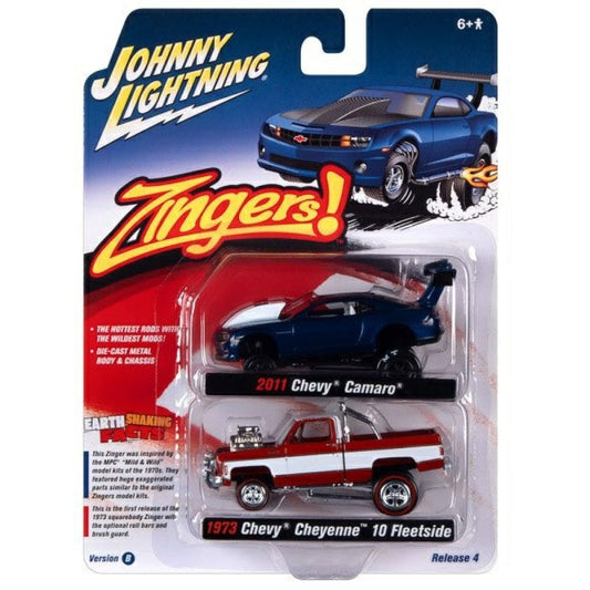 Available to Order – 2-pack Special - 2021 Release 4 B 2011 Chevrolet Camaro Blue and 1973 Chevrolet Cheyenne Flame Red 1:64 Model (jlpk015b-3) 1:64 Johnny Lightning Model (JLPK015B-3)