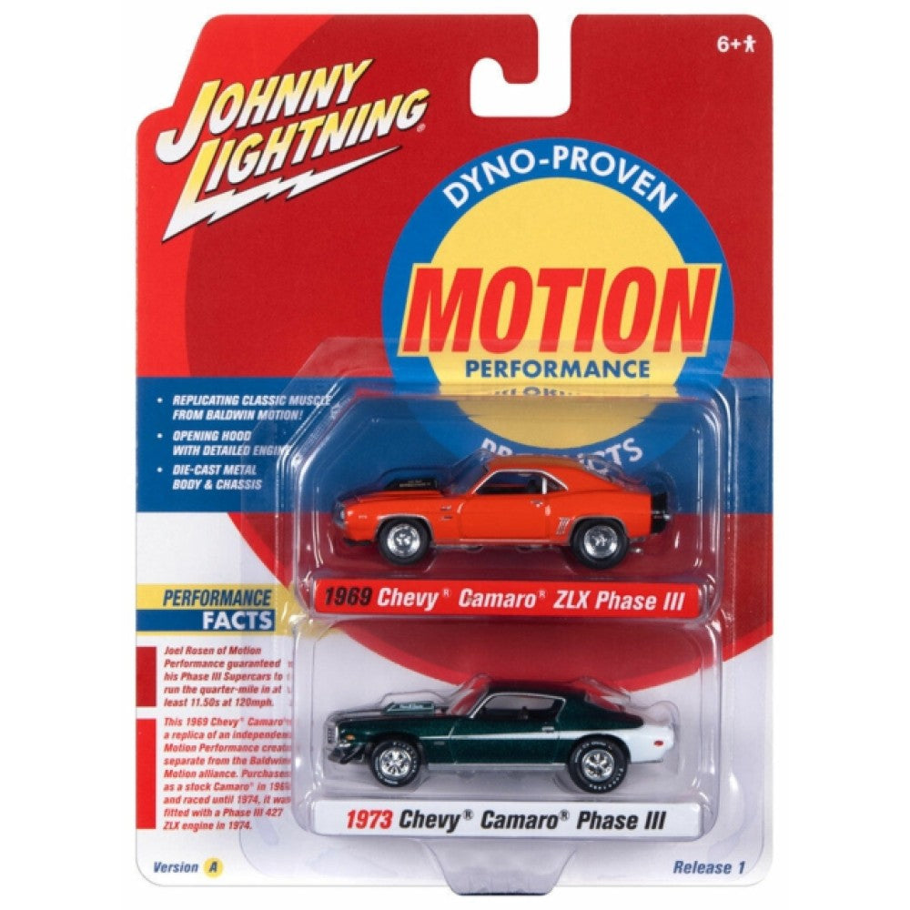 Available to Order – 2-pack Special - 2022 Release 1 Version a Baldwin Motion 1969 Chevrolet Camaro Zlx Hugger Orange W/black Hood Stripe and Rear Stripe and 1973 Chevrolet Camaro Phase 1:64 Model (jlpk017a-1) 1:64 Johnny Lightning Model (JLPK017A-1)