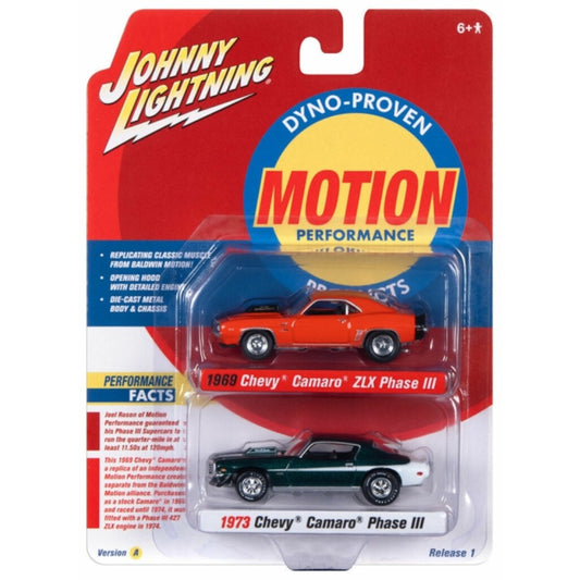 Available to Order – 2-pack Special - 2022 Release 1 Version a Baldwin Motion 1969 Chevrolet Camaro Zlx Hugger Orange W/black Hood Stripe and Rear Stripe and 1973 Chevrolet Camaro Phase 1:64 Model (jlpk017a-1) 1:64 Johnny Lightning Model (JLPK017A-1)