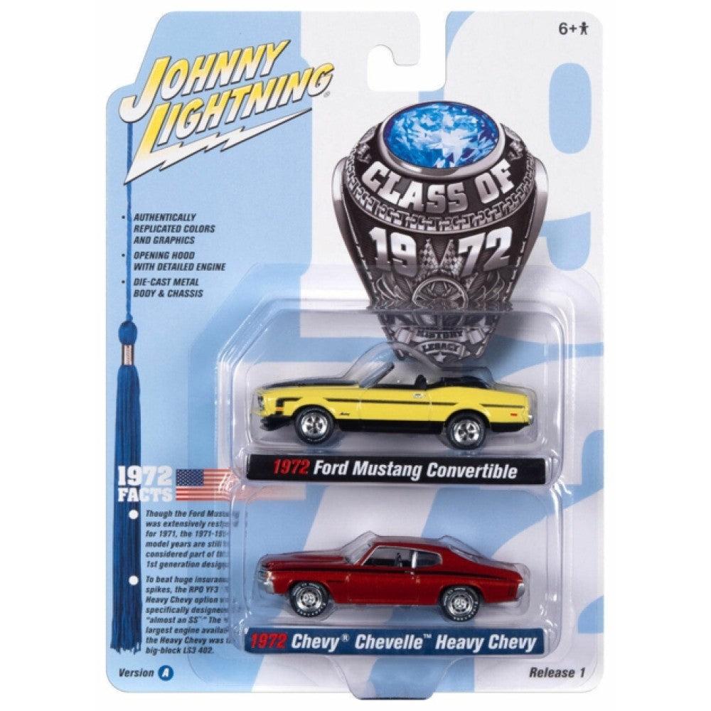 Available to Order – 2-pack Special - 2022 Release 1 Version a Class of 1972 Ford Mustang Convertible Bright Lime and 1972 Chevrolet Chevelle Ss Orange 1:64 Model (jlpk017a-3) 1:64 Johnny Lightning Model (JLPK017A-3)