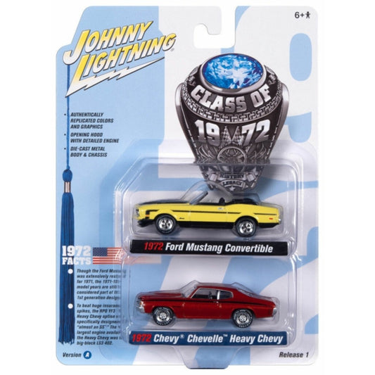 Available to Order – 2-pack Special - 2022 Release 1 Version a Class of 1972 Ford Mustang Convertible Bright Lime and 1972 Chevrolet Chevelle Ss Orange 1:64 Model (jlpk017a-3) 1:64 Johnny Lightning Model (JLPK017A-3)