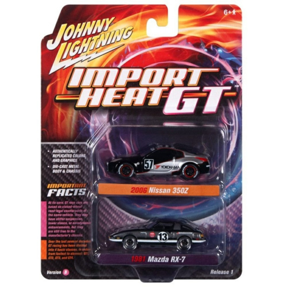 Available to Order – Ning 2-pack Special - 2022 Release 1 Version B Import Heat 2006 Nissan 350z No.66 Black and 1981 Mazda RX-7 No.13 Black 1:64 Johnny Light Model (JLPK017B-2)