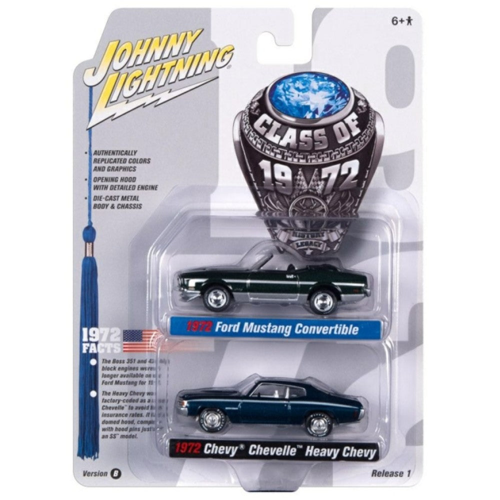 Available to Order – Ning 2-pack Special - 2022 Release 1 Version B Class of 1972 Ford Mustang Convertible Dark Green and 1972 Chevrolet Chevelle Ss Blue 1:64 Johnny Light Model (JLPK017B-3)