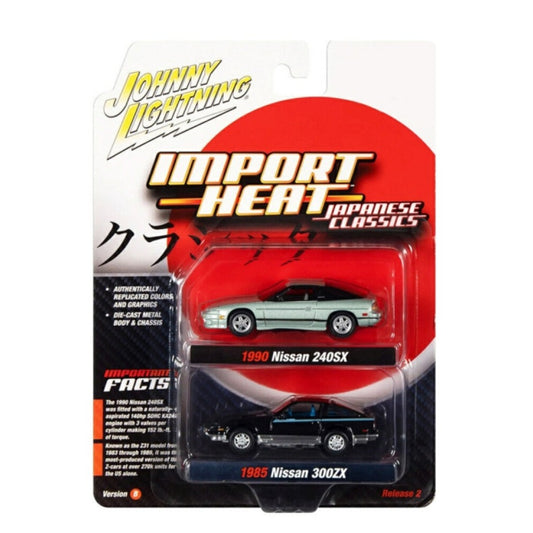 Available to Order – 2-pack Special 2022 Release 2 B 1990 Nissan 240sx Silver Green Pearl and 1985 Nissan Fairlady 300zx Black Blue/silver Lower 1:64 Model (jlpk018b-3) 1:64 Johnny Lightning Model (JLPK018B-3)