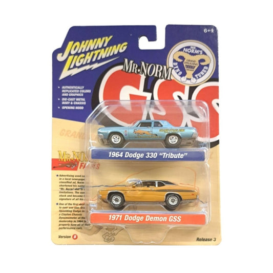 THIS ITEM IS AVAILABLE TO ORDER FROM OUR SUPPLIER - 1:64 JLPK019B-1 JOHNNY LIGHTNING 2-PACK SPECIAL 2022 RELEASE 3 B 1964 DODGE 330 BLUE W/MR.NORM GRAND SPAULDING DODGE GRAPHICS AND 1971 DODGE DEMON GSS BUTTERSCOTCH