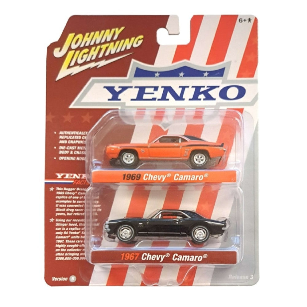 Available to Order – 2-pack Special 2022 Release 3 B Yenko 1969 Chevrolet Camaro Orange W/black Roof and 1967 Chevrolet Camaro Gloss Black W/white Nose Stripe 1:64 Model (jlpk019b-2) 1:64 Johnny Lightning Model (JLPK019B-2)