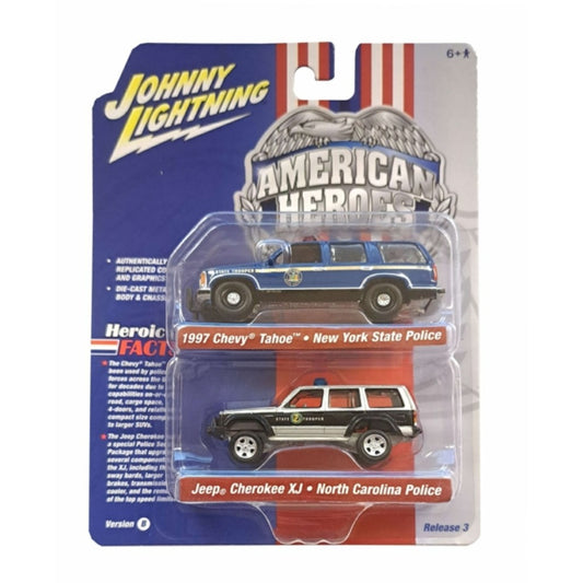 Available to Order – Ning 2-pack Special 2022 Release 3 B American Hero New York State Trooper 1997 Chevrolet Tahoe Blue and North Carolina State Trooper Jeep Cherokee 1:64 Johnny Light Model (JLPK019B-3)