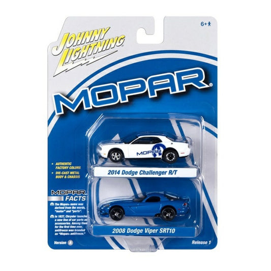 THIS ITEM IS AVAILABLE TO ORDER FROM OUR SUPPLIER - JOHNNY LIGHTNING 1:64 JLPK020A-2 2008 DODGE VIPER SRT 10 METALLIC BLUE WITH WHITE STRIPES AND 2014 DODGE CHALLENGER R/T WHITE AND MOPAR BLUE LOGO AND STRIPES
