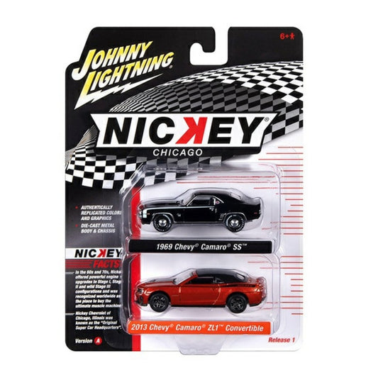 Available to Order – 1969 Chevrolet Camaro Ss Gloss Black with White Side Stripe and 2013 Chevrolet Camaro Zl1 Convertible Inferno Orange with Black Convertible Top and Black Nickey Side Stripes 1:64 Johnny Light Model (JLPK020A-3)