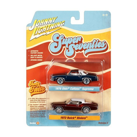Available to Order – 1976 Oldsmobile Cutlass Dark Blue Poly and 1972 Buick Riviera Burnish Bronze Poly 1:64 Model (jlpk022a-1) 1:64 Johnny Lightning Model (JLPK022A-1)