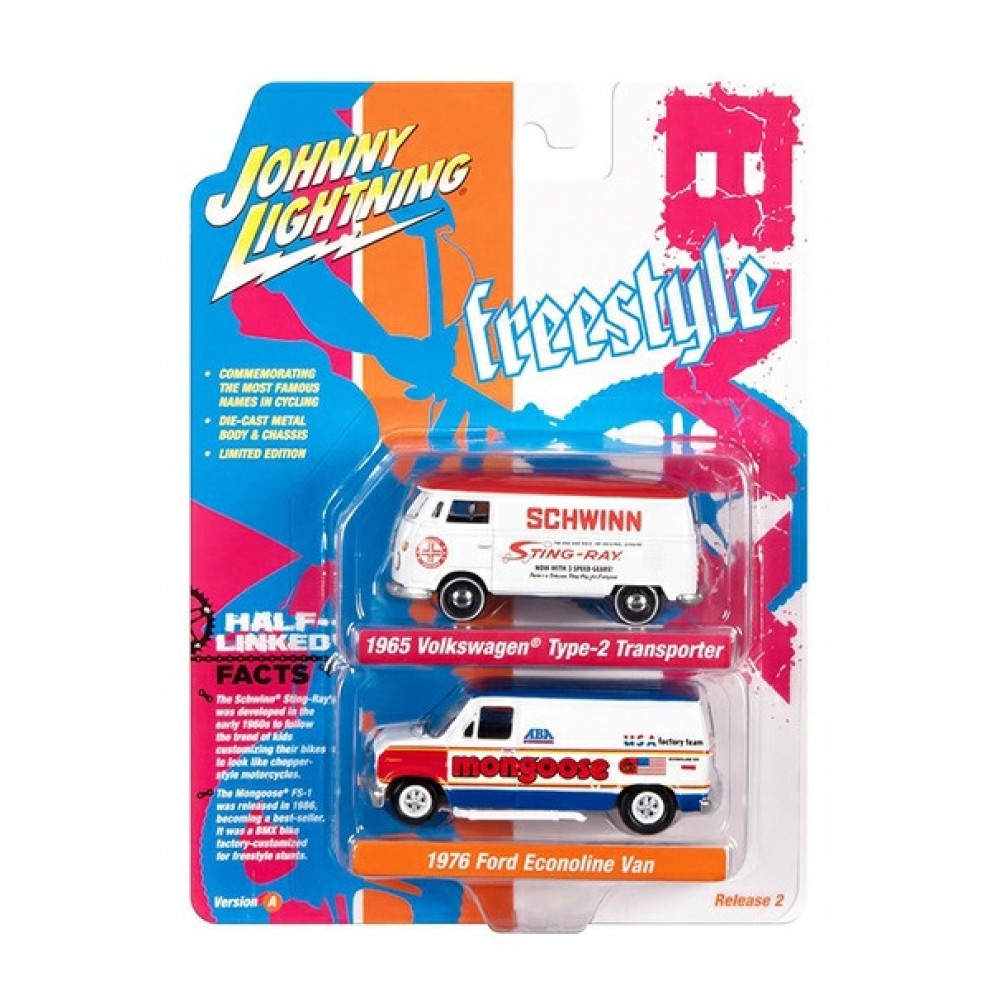 Available to Order – Schwinn 1965 Volkswagon Type 2 White W/red Top and Mongoose 1976 Ford Van White, Red and Blue 1:64 Johnny Light Model (JLPK022A-2)