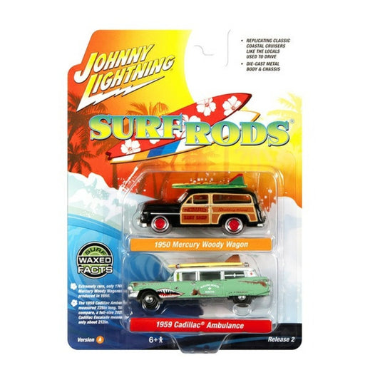 Available to Order – 1950 Mercury Woody Wagon Black and Woody and 1959 Cadillac Ambulance Teal and Surf Shark 1:64 Model (jlpk022a-3) 1:64 Johnny Lightning Model (JLPK022A-3)