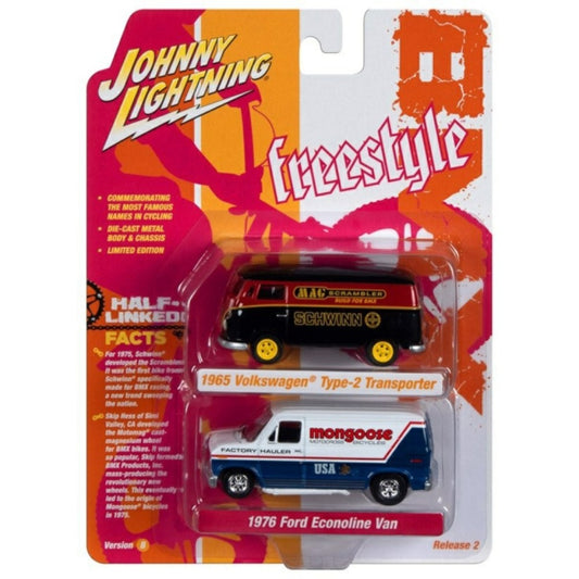 Available to Order – Schwinn 1965 Volkswagon Type 2 Black and Red and Mongoose 1976 Ford Van White and Blue 1:64 Johnny Light Model (JLPK022B-2)