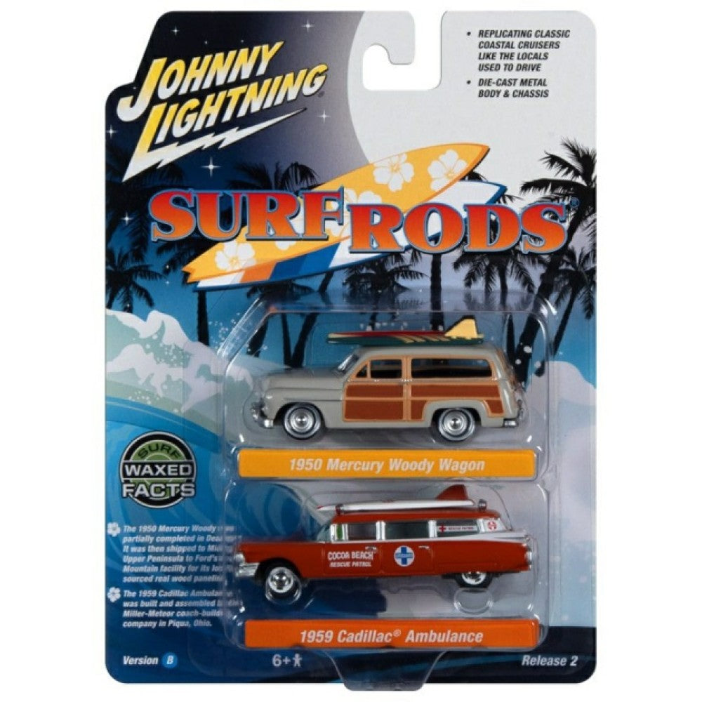 Available to Order – 1950 Mercury Woody Wagon Dakota Gray and 1959 Cadillac Ambulance Dull Red 1:64 Johnny Light Model (JLPK022B-3)