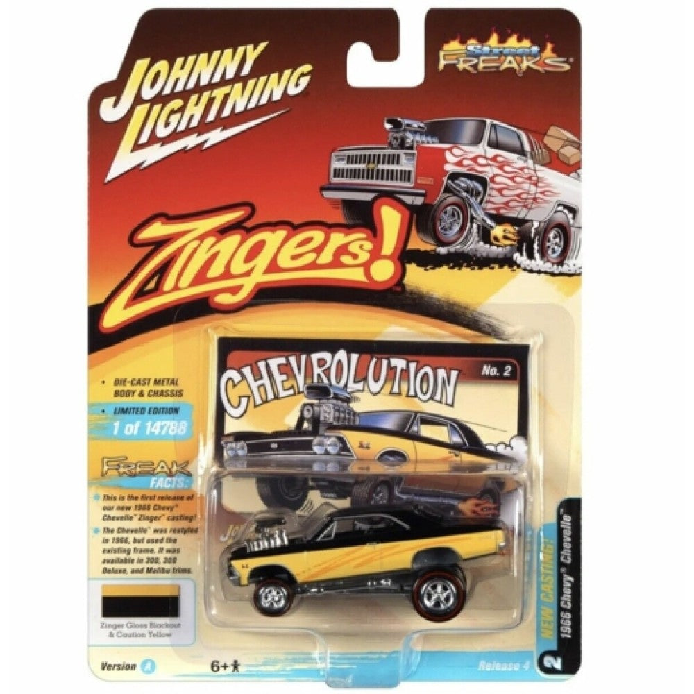Available to Order – Street Freaks Release 4 2021 a 1966 Chevrolet Chevelle (zinger) Gloss Black and Yellow 1:64 Model (jlsf022a-2) 1:64 Johnny Lightning Model (JLSF022A-2)
