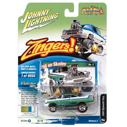 Available to Order – Street Freaks Release 2 2022 B 1958 Plymouth Fury Lime with White (zingers) 1:64 Model (jlsf024b-2) 1:64 Johnny Lightning Model (JLSF024B-2)