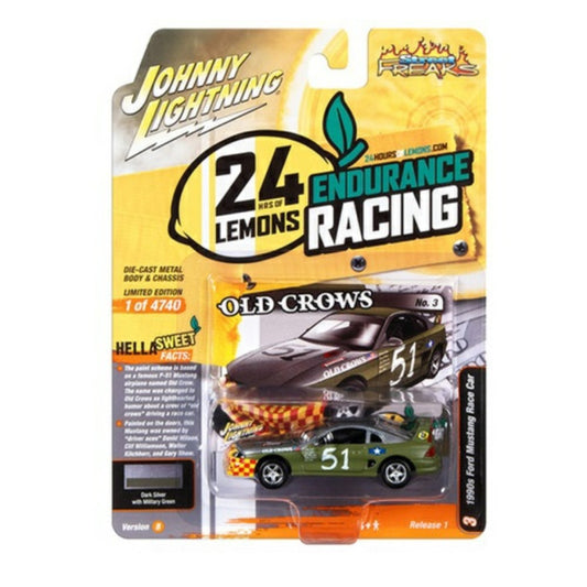 THIS ITEM IS AVAILABLE TO ORDER FROM OUR SUPPLIER - 1:64 JLSF025B-3 JOHNNY LIGHTNING STREET FREAKS - RELEASE 1 2023 - ASSORTMENT B 1990S FORD MUSTANG RACE CAR (24HRS OF LEMANS) DARK SILVER/ARMY GREEN OLD CROWS