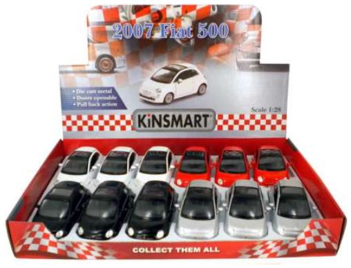 Available To Order – Fiat 500 2007 (12pcs) (3 x White/3 x Red/3 x Black/3 x Silver) 1:36 Kinsmart Model (KIN 5345D)