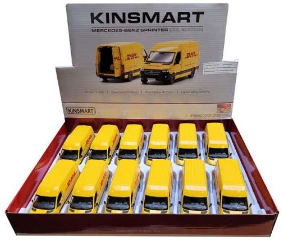 Available To Order – Mercedes Benz Sprinter 'DHL' Tray (12pcs) 1:36 Kinsmart Model (KIN 5429D)